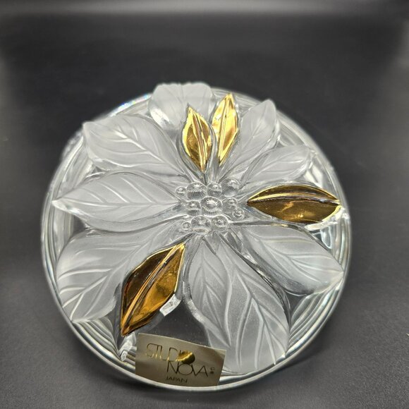 Studio Nova Crystal Dish Golden Poinsettia Floral Lid Japan JJ3974 - Picture 4 of 7
